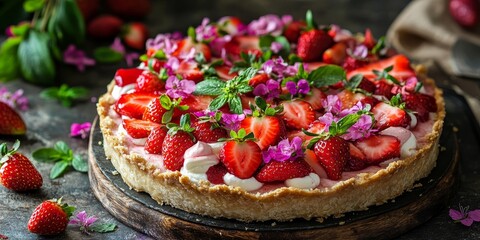 Poster - Soft focus image of a strawberry cheese pie beautifully adorned with edible flowers, showcasing the delightful flavors of strawberry cheese pie in a captivating way.
