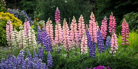 Poster - Lupins bloom elegantly as pink flowers on the lupin plant, creating a vibrant display in a garden setting. The stunning lupins showcase the beauty of nature and colorful landscaping.