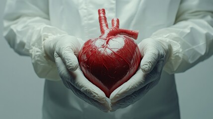 Poster - Realistic anatomical heart gently held in gloved hands in a clinical setting showcasing care and precision in a medical environment. Generative AI