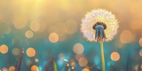 Poster - A solitary dandelion seed shines brightly in the morning dew, highlighted against a soft, blurred background filled with beautiful bokeh effects.