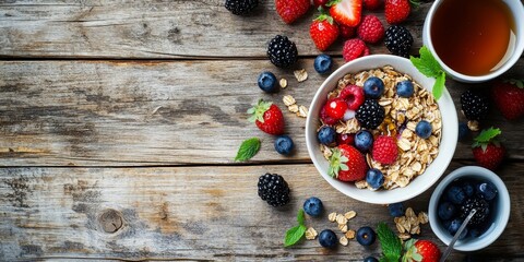 Aufkleber - Nutritious and wholesome breakfast featuring muesli, oatmeal, and granola topped with fresh berries such as blackberries, blueberries, and strawberries, complemented by honey, milk, and green tea on a