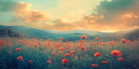 Leinwandbilder - Stunning summer poppy field landscape featuring cross processed retro effects, enhanced by differential focus techniques that create a captivating shallow depth of field in the image.