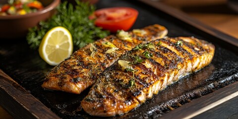 Poster - Grilled fish featuring a fresh salmon fillet showcases a delicious texture, perfectly complemented by a slice of juicy lemon. This grilled fish dish highlights the flavors and appeal of fresh fish.