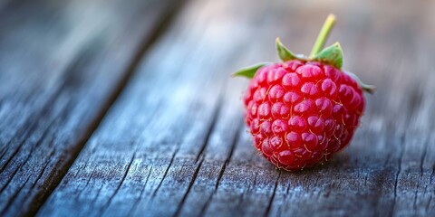 Poster - Juicy fresh raspberry resting on a wooden table, showcasing the vibrant color and texture of fresh raspberry. A delightful addition to any culinary presentation featuring fresh raspberry.