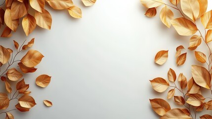 Wall Mural - Golden autumn leaves frame on white background.