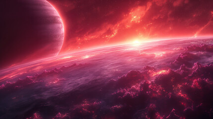 Wall Mural - cosmic landscape with rings around a planet and a glowing sun backdrop. generative ai