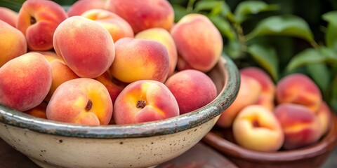 Poster - Fresh, ripe peaches are arranged in a ceramic bowl, showcasing the beauty of organic peaches. This display of ripe peaches highlights their vibrant colors and natural appeal.