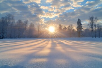 Wall Mural - bright sun shining over snowy field and forest in winter