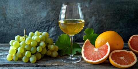 Aufkleber - Fresh white wine concept featuring a glass of young organic wine alongside green grapes, grapefruit, and assorted fruits placed on a rustic wooden table, highlighting the essence of organic wine.