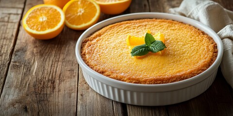 Poster - Delicious orange cake served in a white dish, perfectly placed on a wooden table, showcasing the vibrant colors and inviting texture of the orange cake in a delightful setting.