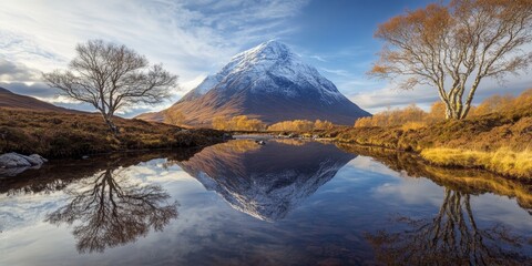Aufkleber - River etive showcases stunning reflections with the iconic buachaille etive in the backdrop, creating a picturesque scene of nature s beauty along the river etive.