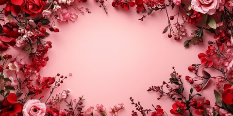 Poster - A vintage style romantic love frame designed with red and pink flowers against a pink backdrop, perfect for celebrating a special occasion of love.