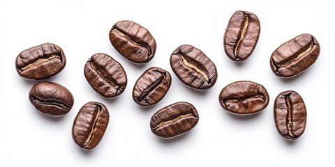 Poster - Isolated coffee beans display their rich textures and colors against a clean white background, showcasing the essence of coffee beans in pure form for various design purposes.