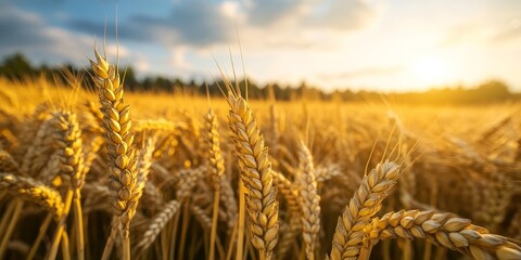 Poster - Ripe cereal field captured with selective focus, showcasing the abundant grains and the lush landscape of a ripe cereal field. The beauty of a ripe cereal field is highlighted through this imagery.