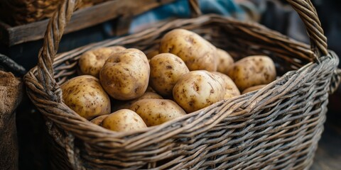 Aufkleber - Close up of a basket filled with fresh raw Nicola potatoes, showcasing the vibrant appearance and texture of these delicious Nicola potatoes ready for culinary use.