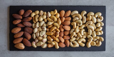 Aufkleber - A variety of nuts, including pistachios, almonds, cashews, and peanuts, arranged on a black board. This display features pistachios, almonds, cashews, and peanuts in an appetizing layout.