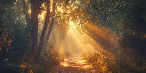 Aufkleber - Serene forest path illuminated by sun rays at sunrise, enveloped in a gentle fog. This enchanting forest path captures the beauty of nature, with sun rays enhancing the mysterious ambiance.
