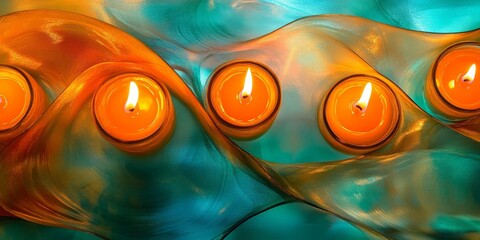 Poster - Burning candles on decorative glass create a captivating ambiance in this abstract photo. The interplay of light and shadows from the burning candles adds depth to the decorative glass.