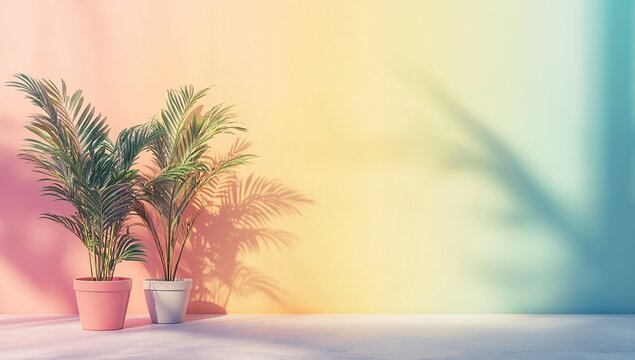 A bright and colorful background with a gradient of rainbow colors, featuring two potted plants
