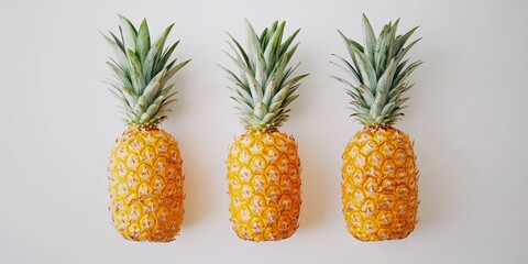 Poster - Fresh ripe pineapples displayed on a clean white background, showcasing the vibrant color and texture of ripe pineapples, ideal for food related concepts and tropical themes.