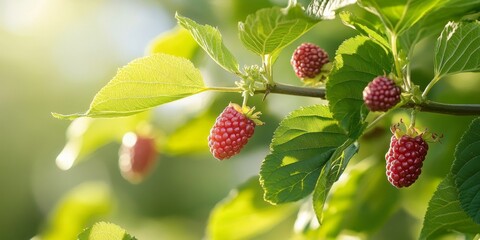 Fototapete - Mulberry fruit and leaves on a tree, showcasing the beauty of mulberry in nature. This image highlights the vibrant mulberry leaves alongside the ripe mulberry fruit.
