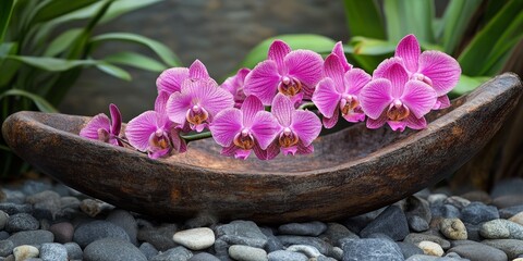 Aufkleber - Pink orchid and scoop placed beautifully on the ground for orchids, showcasing the vibrant colors and delicate nature of the pink orchid in a serene setting ideal for orchid enthusiasts.