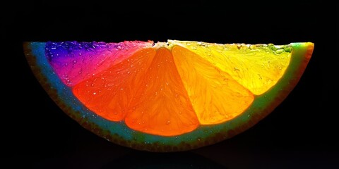 Poster - A lively orange wedge adorned with a spectrum of rainbow colors set against a dark black backdrop creates a striking visual contrast.