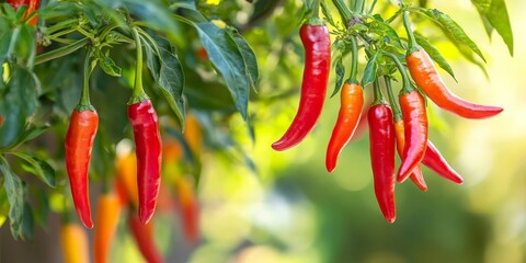 Poster - Vibrant red and orange cayenne peppers hang from the branches of a tree, showcasing the beauty of fresh chili. These fresh chili peppers add a pop of color to any setting.