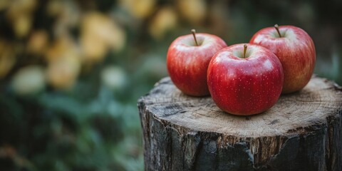 Poster - Fresh apples resting on a stump highlight the essence of healthy vegetarian food. These organic products are a testament to nutritious options like apples for a healthy lifestyle.