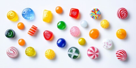 Poster - Vibrant colorful candies displayed on a white background, showcasing an assortment of delightful treats. These colorful candies are visually appealing and perfect for any sweet themed project.