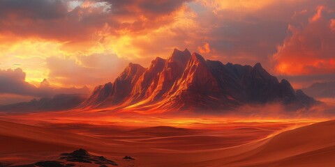 Poster - Red Mountains of Boguty are illuminated by an ethereal desert sunset, creating a breathtaking canvas that showcases the boundless beauty of red mountains and serenity over sand.