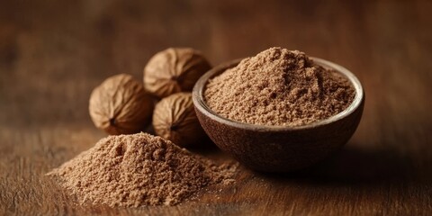 Poster - Close up of nutmeg, also known as Myristica fragrans, displayed in a glass container alongside its powder on a wooden surface, highlighting the rich texture and color of nutmeg.