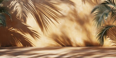 Aufkleber - Shadows of palm leaves cast on a brown wall and floor create an abstract backdrop with ample space for text. This natural scene embodies a sunny day, ideal for minimal summer themes.