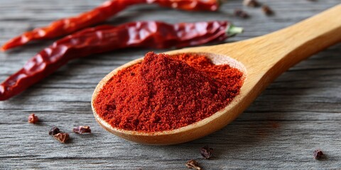 Aufkleber - Chili powder in a wooden spoon alongside dried peppers creates a vibrant scene on a grey wooden table, highlighting the rich color and texture of chili powder and dried peppers.