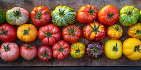 Poster - A vertical image showcasing vibrant heirloom tomatoes arranged on a rustic wooden board, highlighting the beauty and colors of heirloom tomatoes in a natural setting.