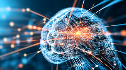 Poster - Digital illustration of a glowing brain with interconnected lines and sparks representing neural connections