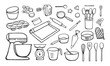 © chekiwart - Set of hand drawn various baking tools isolated on white background. Simple illustration of cooking utensils