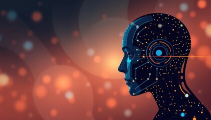 Poster - AI humanoid head profile against bokeh background Futuristic technology concept