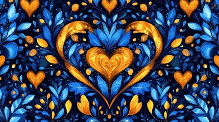 Fototapete - Golden Heart Abstract: Symmetrical Blue and Gold Foliage Design