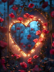 Wall Mural - Romantic Heart Mirror Fairy Lights and Rose Petals