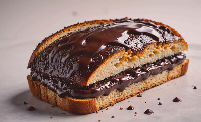 Poster - A chocolate covered sandwich with a chocolate drizzle. The sandwich is cut in half and placed on a white plate