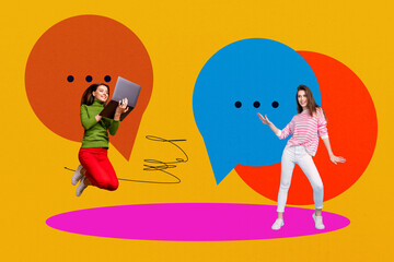 Aufkleber - Trend artwork banner sketch photo collage of app space conversation social network laptop device virtual two young lady chat speech cloud