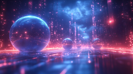 Wall Mural - a rhythmic arrangement of glowing spheres with bright highlights reflected in a deep blue space.