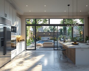 Poster - Modern kitchen with large sliding glass doors opening to a backyard patio, pool, and lounge area.
