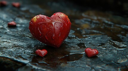 Fototapete - Red Heart on Dark Wet Surface