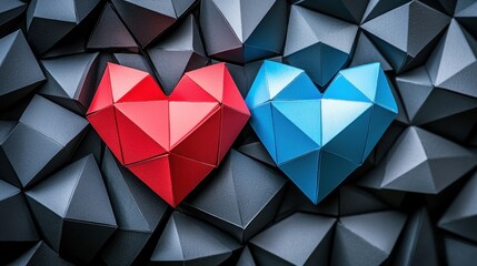 Fototapete - Red and Blue Geometric Hearts on a Dark Polygonal Background