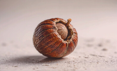 Poster - A nut is sitting on a table. The nut is brown and has a hole in it. The nut is not whole and is not in a shell