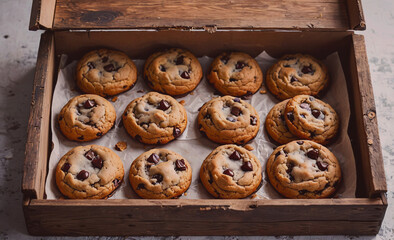 Poster - A wooden box filled with chocolate chip cookies. The cookies are arranged in rows and are ready to be eaten