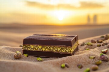 Poster - Indulgent chocolate bar featuring creamy pistachio paste filling against a sunset background. Generative AI