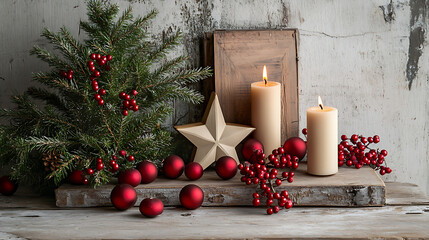 Wall Mural - christmas still life with candle and decorations